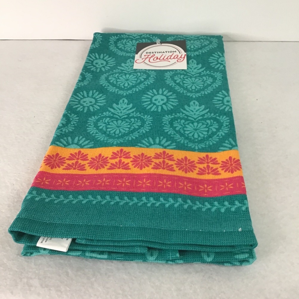 Day of Dead Pair of Kitchen Towels Deep‎ Teal Flame Heart Destination Holiday